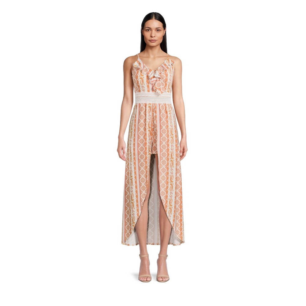 No Boundaries Juniors Ruffle Walk Through Maxi Romper, Winter white
